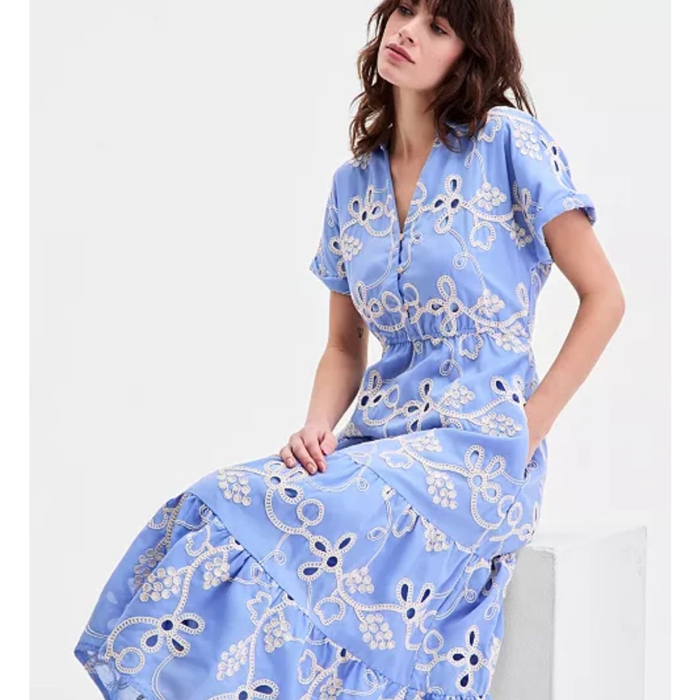Sam Edelman Light Blue Eyelet V‑Neck Tiered Midi Dress